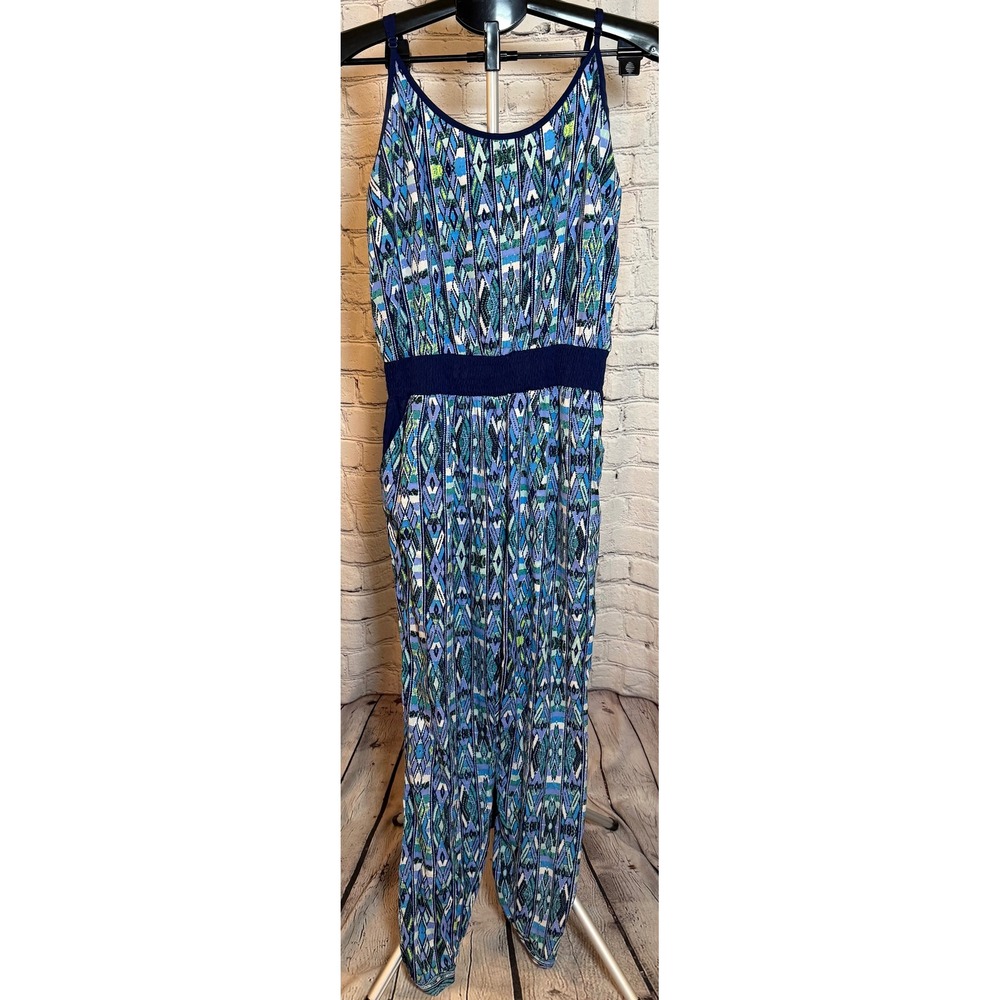 Ultra Flirt Womens Blue Geometric Ikat Print Smocked Waist Jumpsuit Large